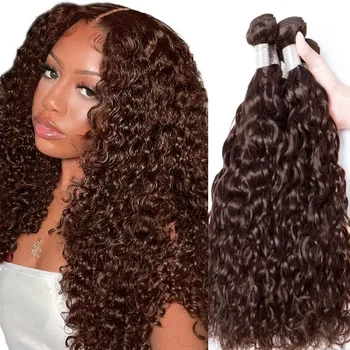 #4 Chocolate Brown Water Wave Curly 10-30 Inch Human Hair Bundles Deep Curly Wave Brazilian Virgin Raw Hair Sew-In Bundles 1