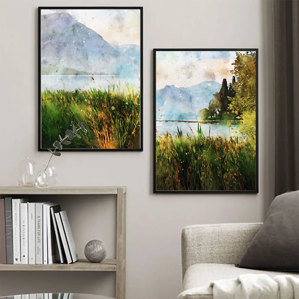 Pacifico Lago E Montagne Pittura Ad Acquerello Wall Art Opera D'Arte Originale Stampa Idea Regalo Natura Campagna Paesaggio Poster