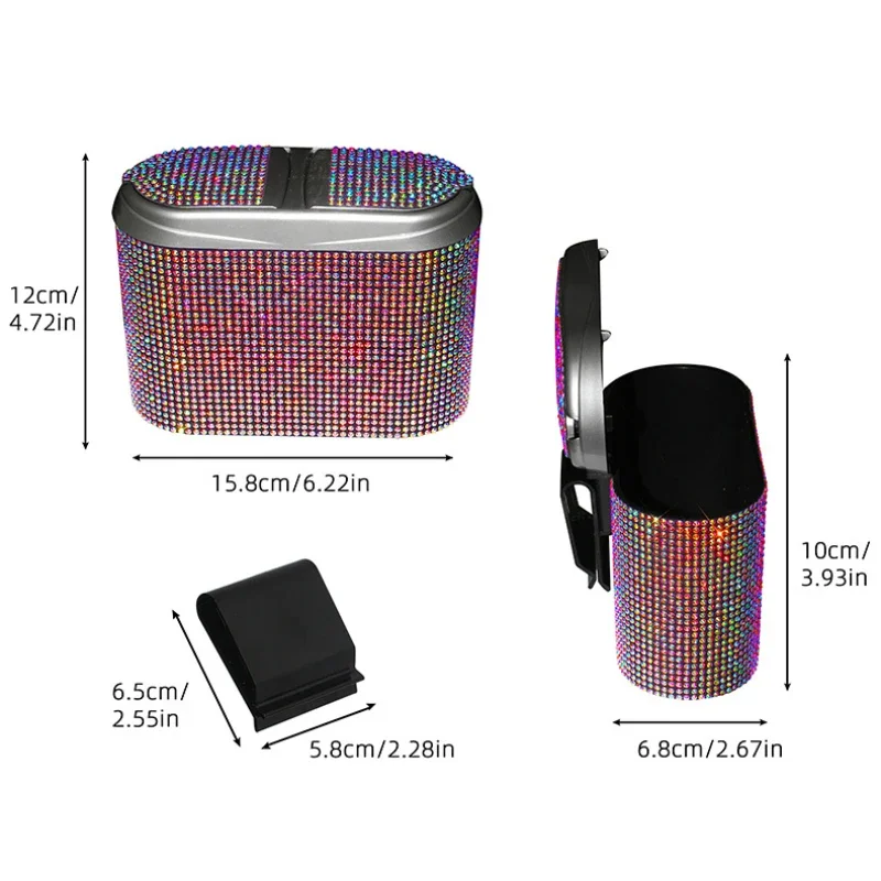 Crystal Mini Car Trash Can Bin with Lid Crystal Bling Hanging Auto Trash Bag Can Auto Garbage Waterproof Bling Car Accessories