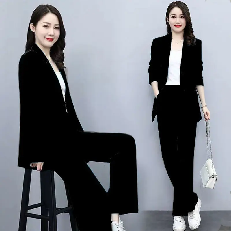 2022 Spring and Autumn New Korean Leisure Suit Elegant Women's Single Row Professional Suit Wide Leg Pants Two Piece Set