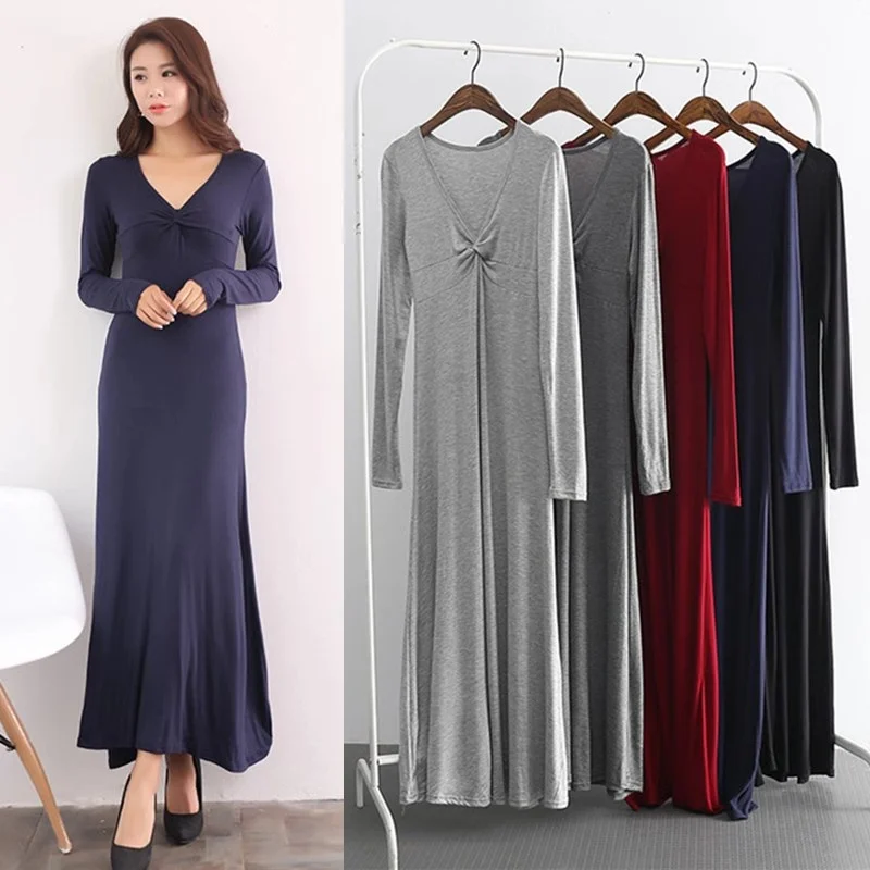 

Casual Loose Bigsize Modal Dress Spring Summer Women V Neck Long Sleeve Bottoming Dresses Female A Line Large Hem Long Vestidos