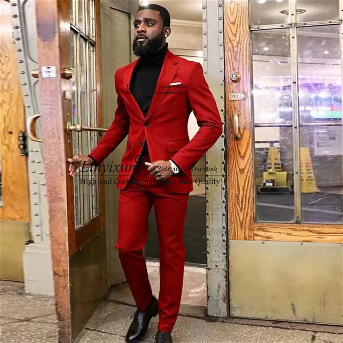 Classic Red Mens Suits For Wedding Slim Fit Groom Tuxedos Notch Lapel