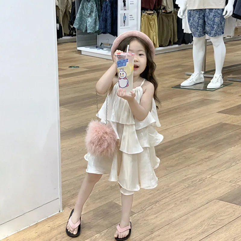 Children's Clothing Summer New Girls' Sweet Elegant Dress High-Grade Ruffled Cake Suspender Dress-WS
