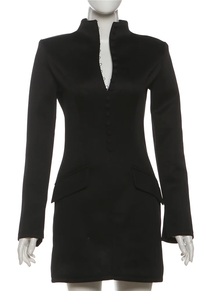 Nibber Elegant Fashion Office Style Dress Woman Button Pocket Decoration Stand Collar Simple Full Sleeve Casual Mini Bodycon