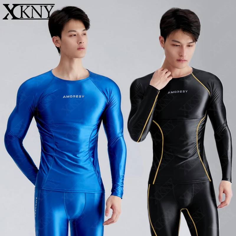 

XCKNY satin glossy men top Silk round neck tight fitting long sleeved T-shirt for men's running sports top