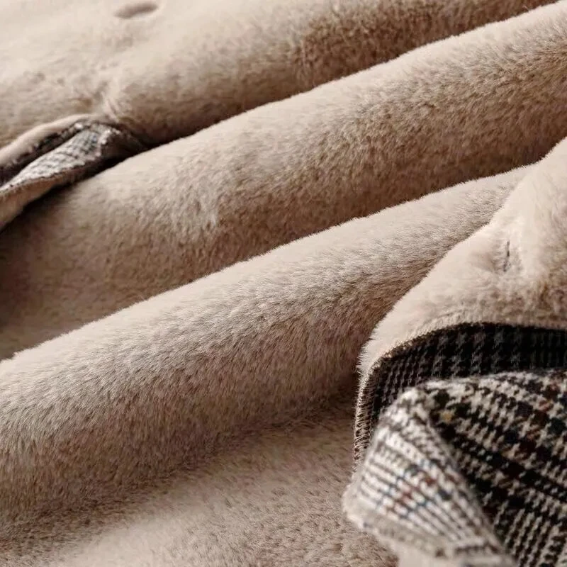 Wome lamb woolen coat  2022 Faux Rabbit Fur autumn winter new short loose elegant Korean Double Breasted Plaid fur outwear