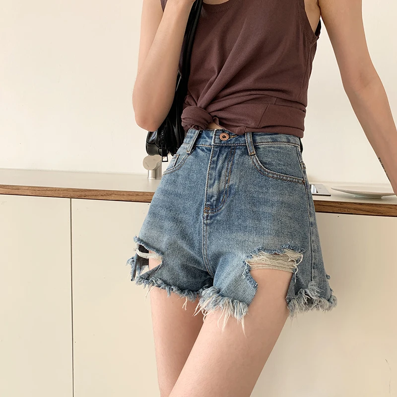 Summer Sexy Ripped Denim Shorts High Waist Women Jeans Short Loose Wide Leg Pocket Tassel Shorts Femme Street Hot Girl Clothing