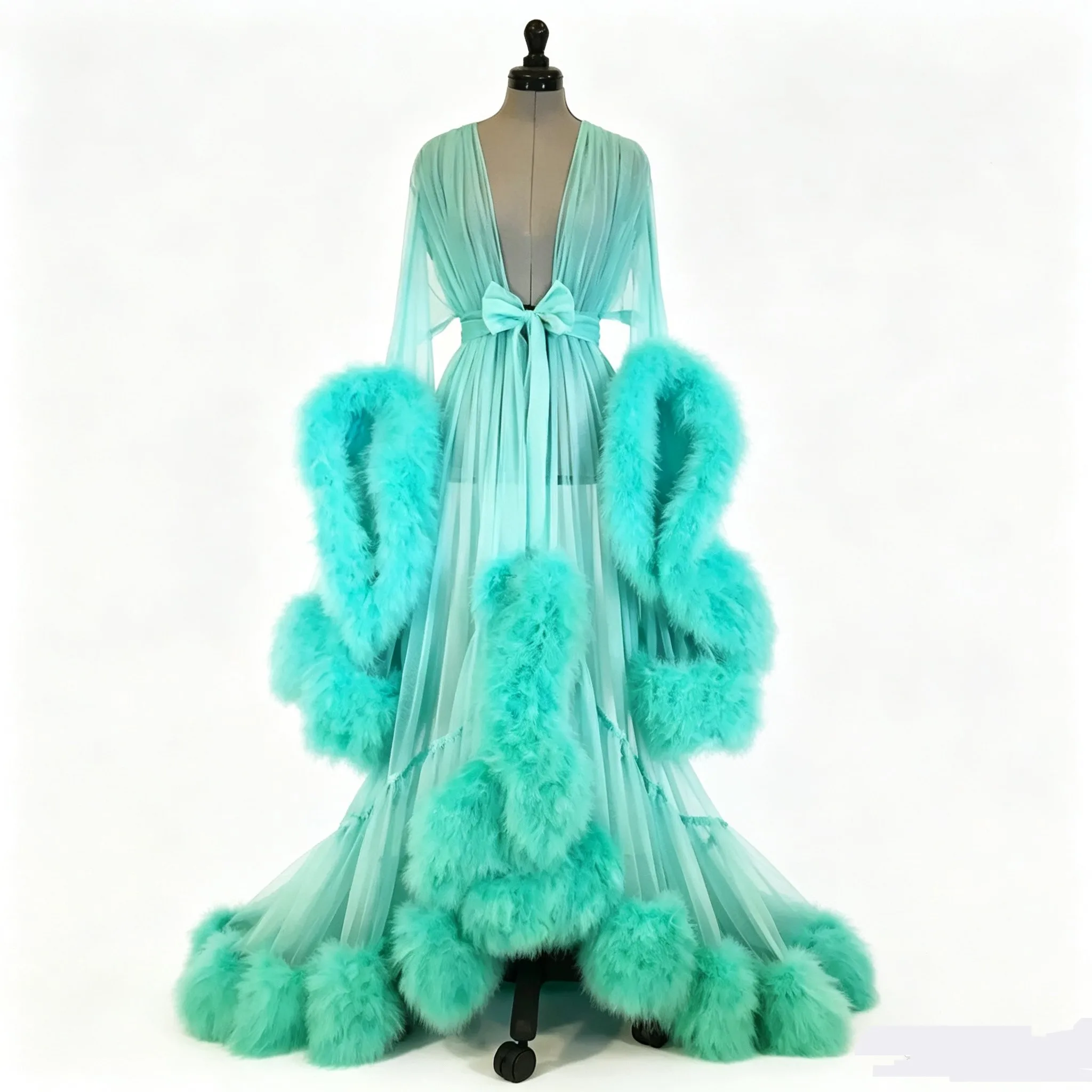 Sexy Feather Perspective Flared Sleeve Trailing Long Dress with Multiple Colors Available Mesh Women's Loose Pregnant Dress