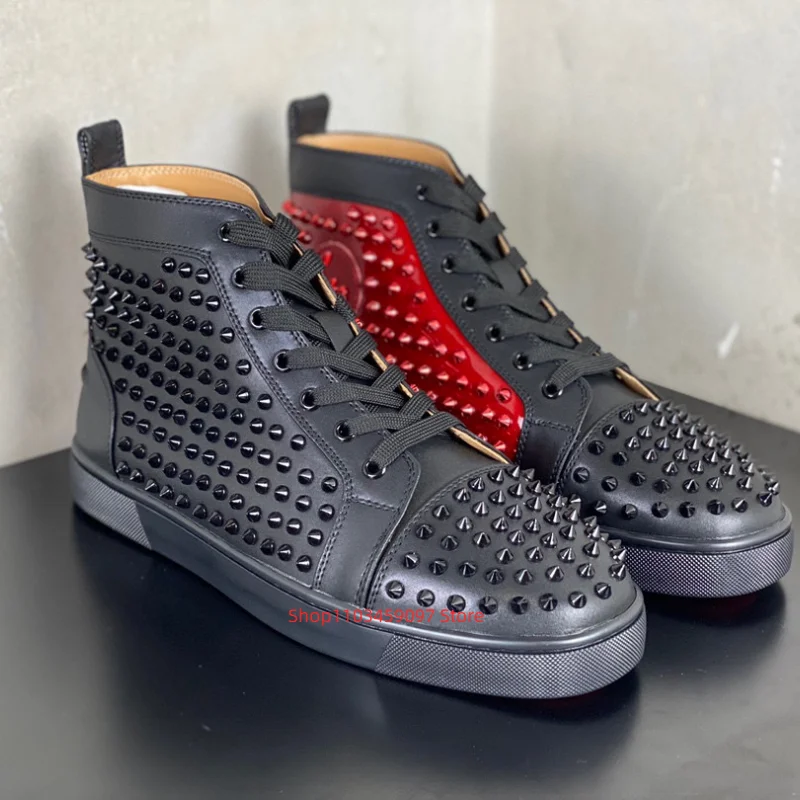 Fashion-Classic-Short-High-top-Shoes-Leather-Spikes-Flat-Black-Sneakers ...