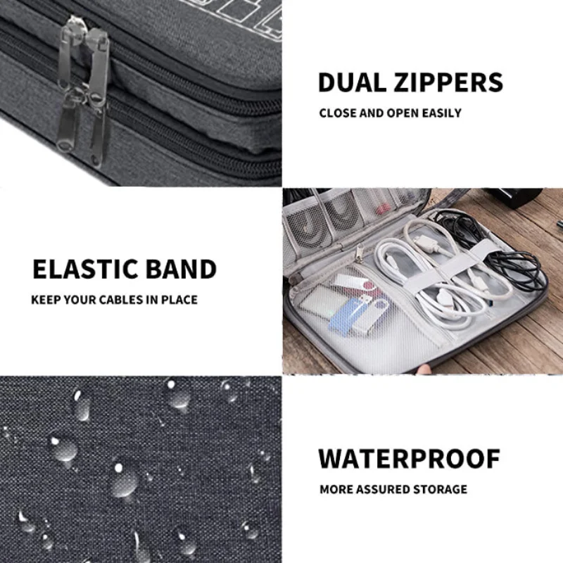 Electronic Cable Organizer Bag Waterproof Travel Storage Bag with Adjustable Divider, Shockproof Portable Double Layer Tech Bags - 2