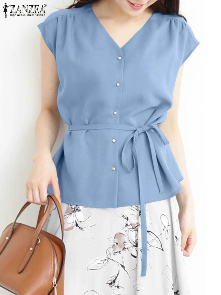 

Летняя женская Стильная майка ZANZEA, однотонная блузка без рукавов с V-образным вырезом, женские праздничные блузы, Пляжная рубашка на шнуровке, большие размеры