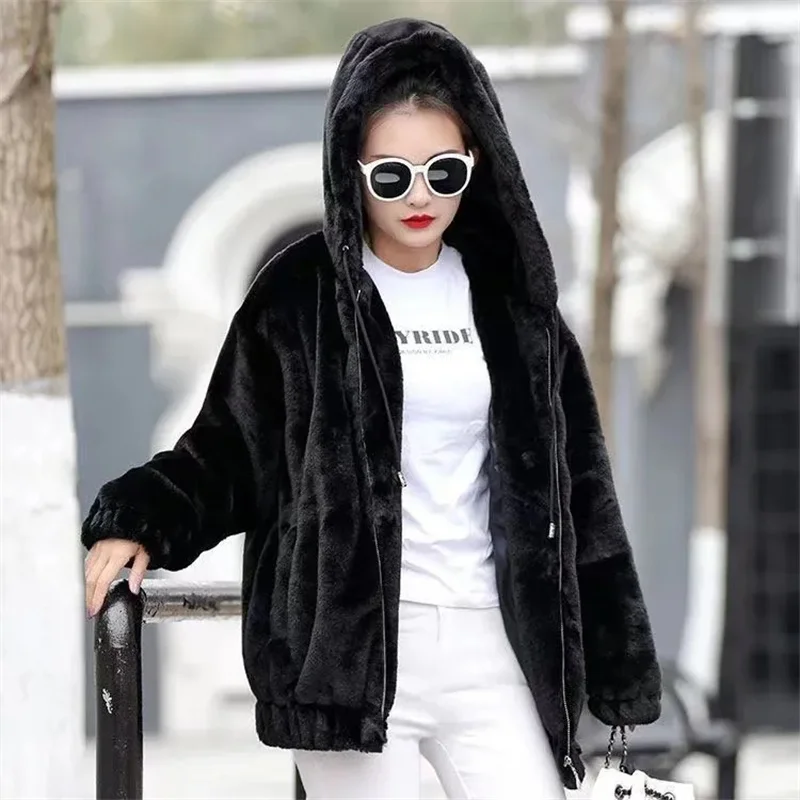 Lmitation Rabbit Hair And Plush Thickening Winter Women's Hooded Jacket Women's 2023 Winter Fashion Hooded Winter Jacket P49