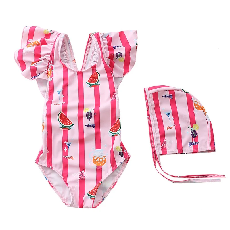 

Toddler Girls Ruffled Swimsuits 1-7T Beach Swimwear One-Piece Princess Beachwear Chidlren Sunsuit with Swim Caps