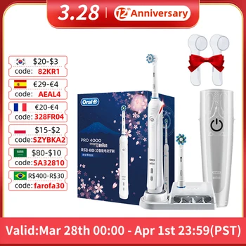 Oral B 3D Electric Toothbrush Clean Teeth Pro 4000 Tooth Brush Pressures Sensor Teeth Brush 4 Cleaning Modes Rechargeable 1