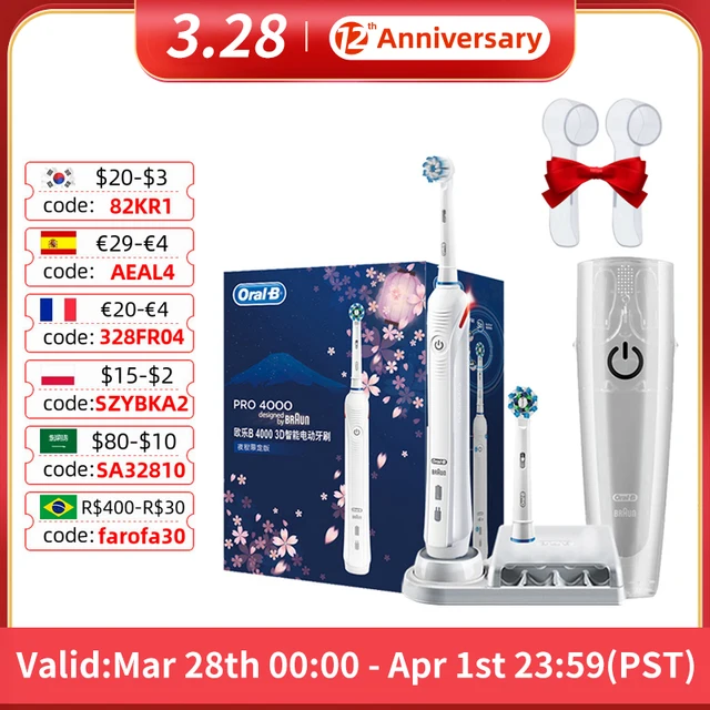 Oral B 3D Electric Toothbrush Clean Teeth Pro 4000 Tooth Brush Pressures Sensor Teeth Brush 4 Cleaning Modes Rechargeable 1