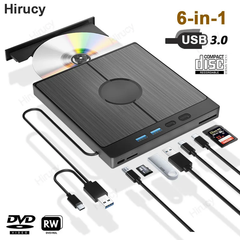 6-In-1 Usb 3.0 Tipo C Esterno Cd Dvd Rw Unità Ottica Lettore Dvd Bruciatore Lettore Unità Multifunzione Per Windows Mac Pc Laptop