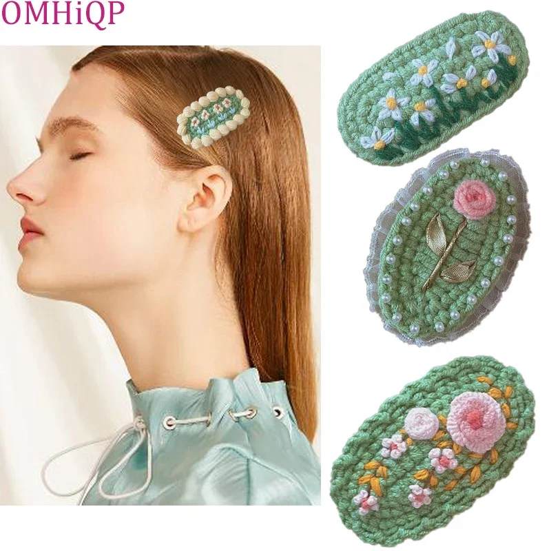 

1 Pcs New Yarn Crocheted Hair Clip Girls Colorful Bobby Pin Hand-knitted Wool knitting Retro Embroidery Hairpin Side Bangs Clip