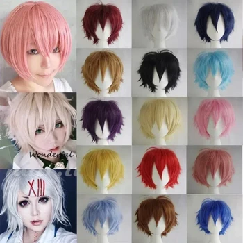 Parrucche sintetiche per cosplay anime da donna per uomo Capelli corti lisci Resistenza al calore Parrucche corte multicolori rosso bianco rosa grigio marrone