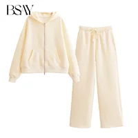 BSAY Women Fashion Autumn 2pcs Solid Long Sleeved Zip Hooded Sweatshirt Loose Jacket Female Straight Pants Two Piece Set - Image 4