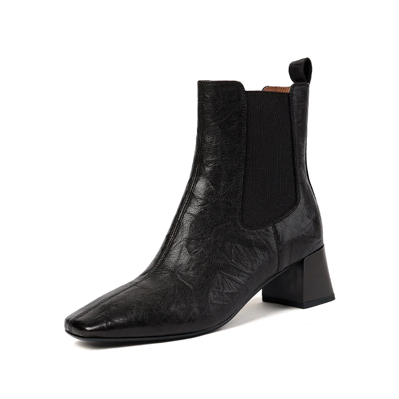 

Autumn Sheepskin Retro Ankle Boots 2023 Winter Women Shoes Black Brown Square Toe Mid Heel Slip-on Solid Short Boot