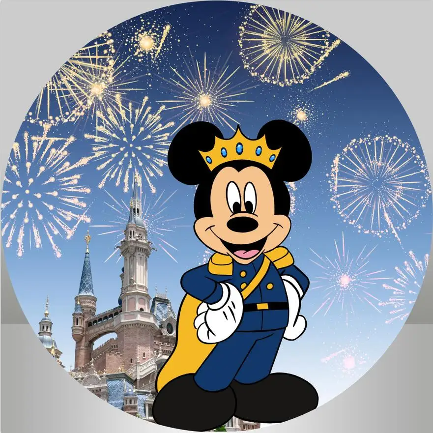 Castelo de Fogo de Artifício Real Mickey Redondo Pano de Fundo para Pouco Príncipe Chá de Fraldas Meninos 1st Aniversário Festa Círculo Fundo Mesa Banner - Image 4