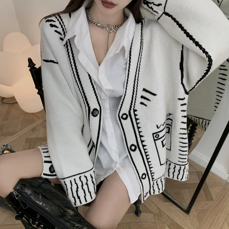 Retro Loose Graffiti Cardigan Knitted Jacket Long V Neck Autumn Winter Knitted Sweaters Tops Solid Casual Pull White Black Coats 1
