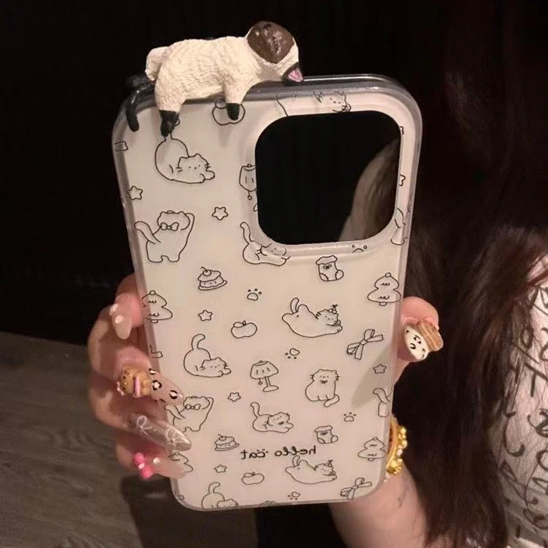 Charming 3D Lazy Cat Cartoon Toy Case - White Acrylic Phone Cover