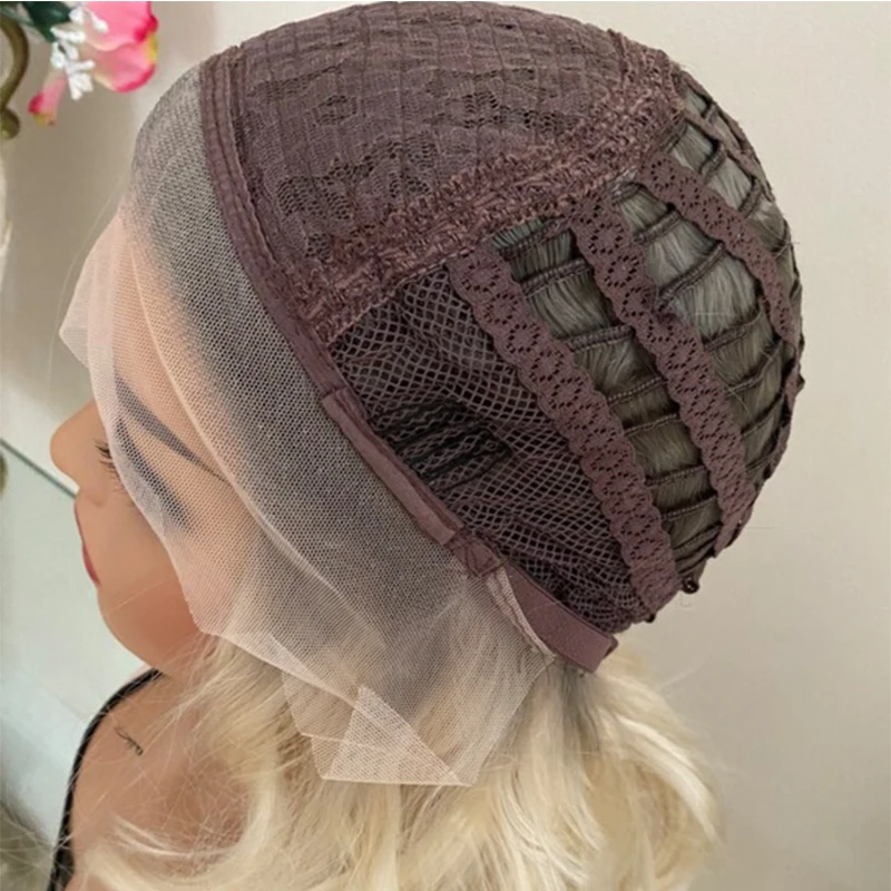 Platinum Blonde Lace Front wig With Grey Roots Thick Shoulder Wavy Synthetic Hair 16" 150% Density Ready to Ship 10% Human Hair