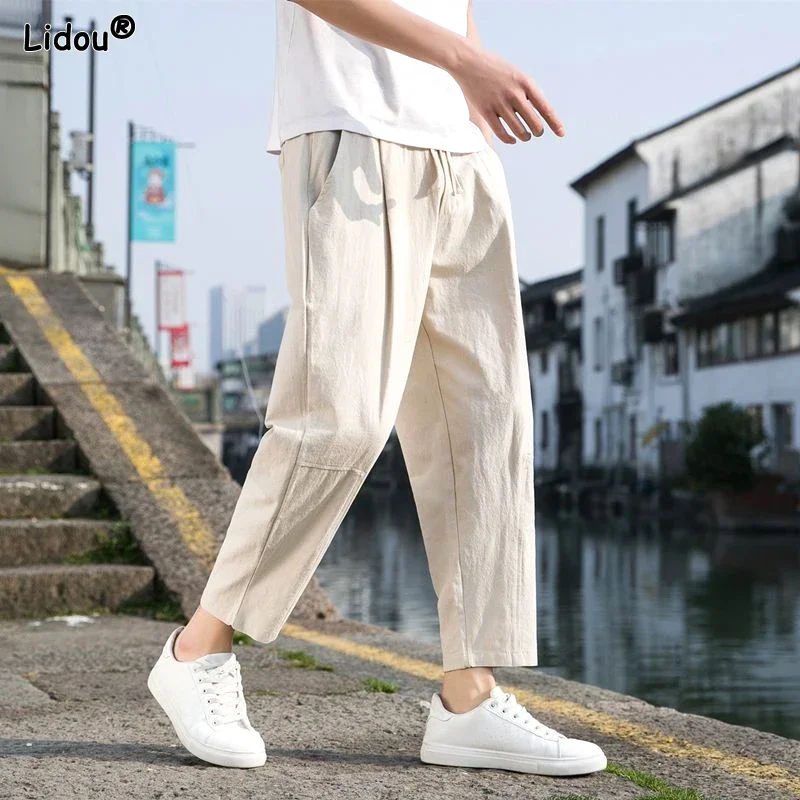 

Simplicity Elastic Waist Handsome Men's Clothing 2024 Solid Color Loose Pockets Comfortable Casual Lacing Spring Summer Pants