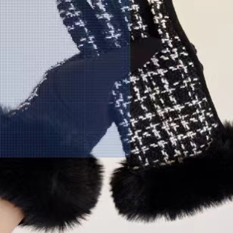 Winter Women's Gloves, Japanese and Korean Big Brand Small Fragrance Style Imitation Fur Grid and Fuzzy Mouth Warm Riding Gloves