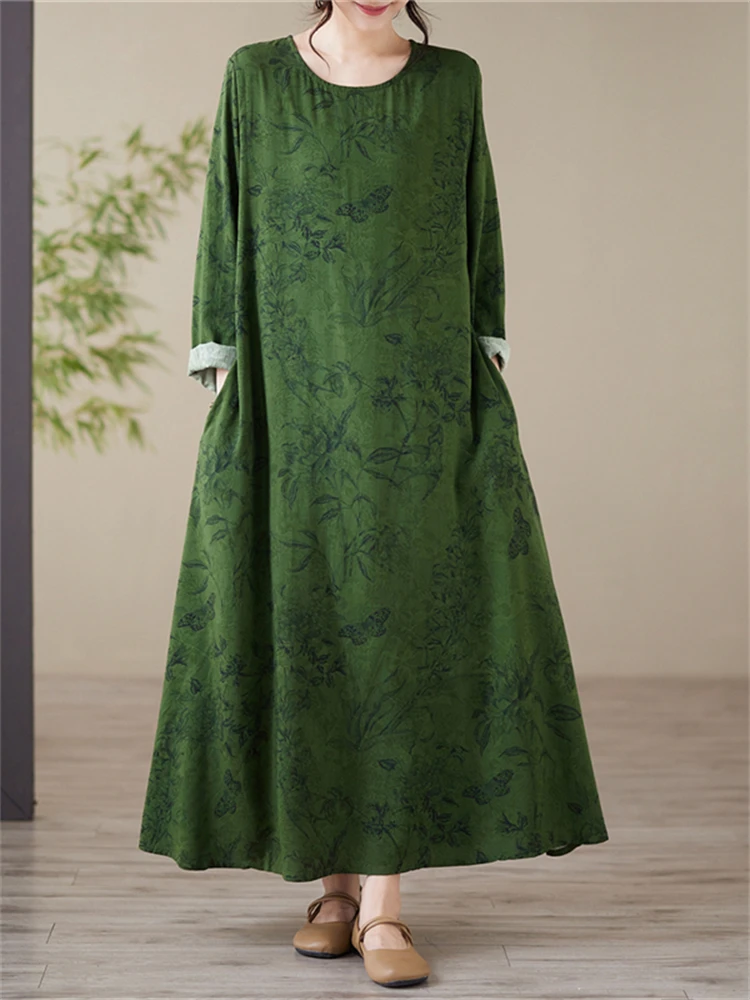 Spring Autumn Cotton Vintage Print Long Sleeve Dresses For Women Casual Loose Dress Office Lady Work Femme Robe Vestidos Clothes