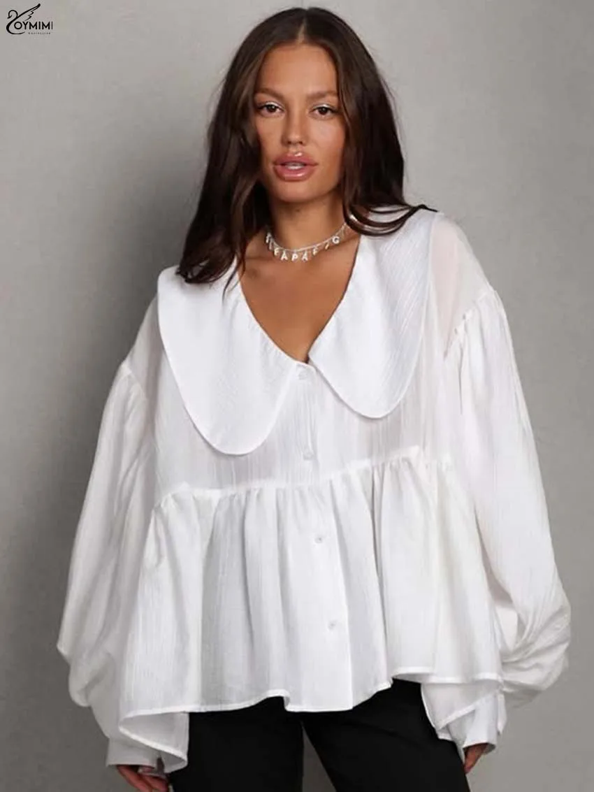 Oymimi Casual White Loose Blouses For Women Fashion Turn-Down Collar Puff Sleeve Blouses Elegant Single Breasted Pleated Blouse