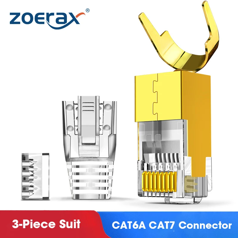 

ZoeRax CAT6A CAT7 Connector, Non-Pass Through RJ45 Connectors , UL-Listed 3-Prong 50μ Gold Plated with Strain Relief Boots