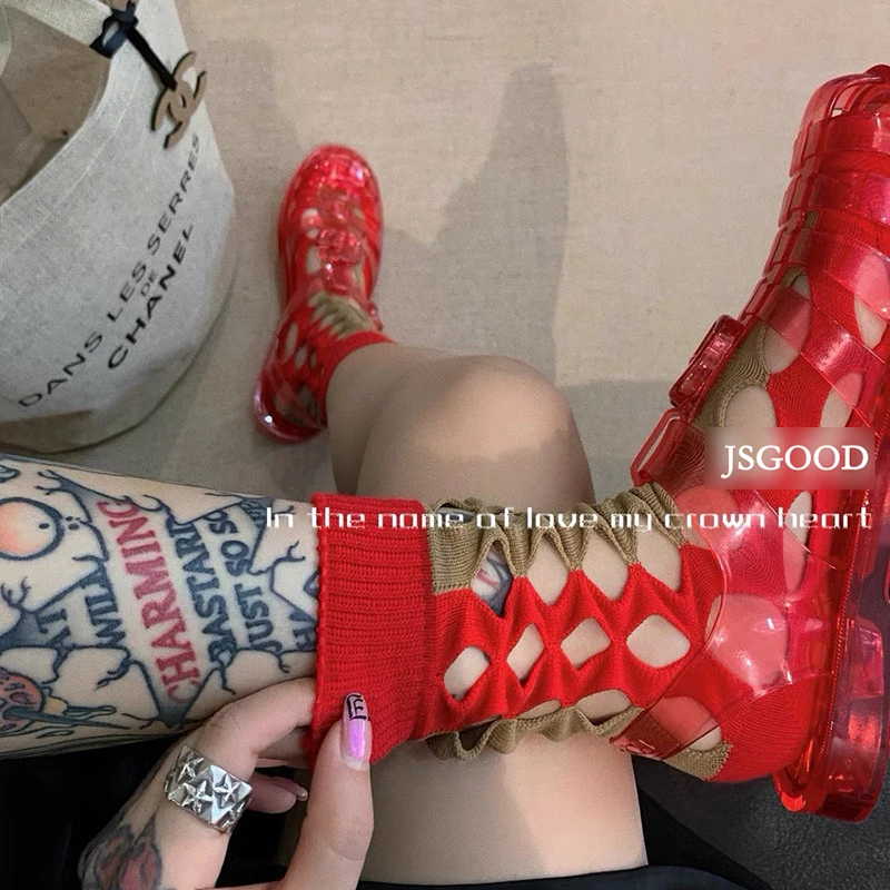 Sommer Damen Mid-Tube Chic Mode aushöhlen Mesh Kontrast farben Baumwoll socken Straße weiche japanische Persönlichkeit Loch Sox – Detail 2