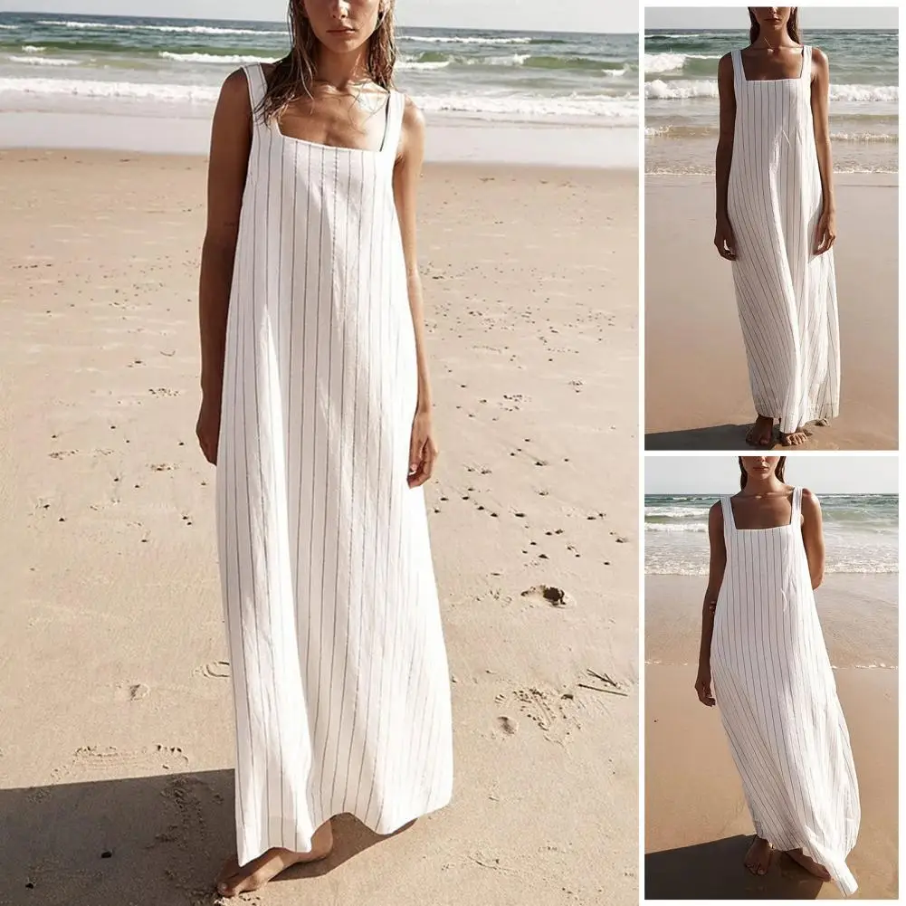 

Striped Print Summer Dress Striped Square Neck Maxi Dress for Women A-line Beach Sundress for Wear Dating Ankle Length Summer