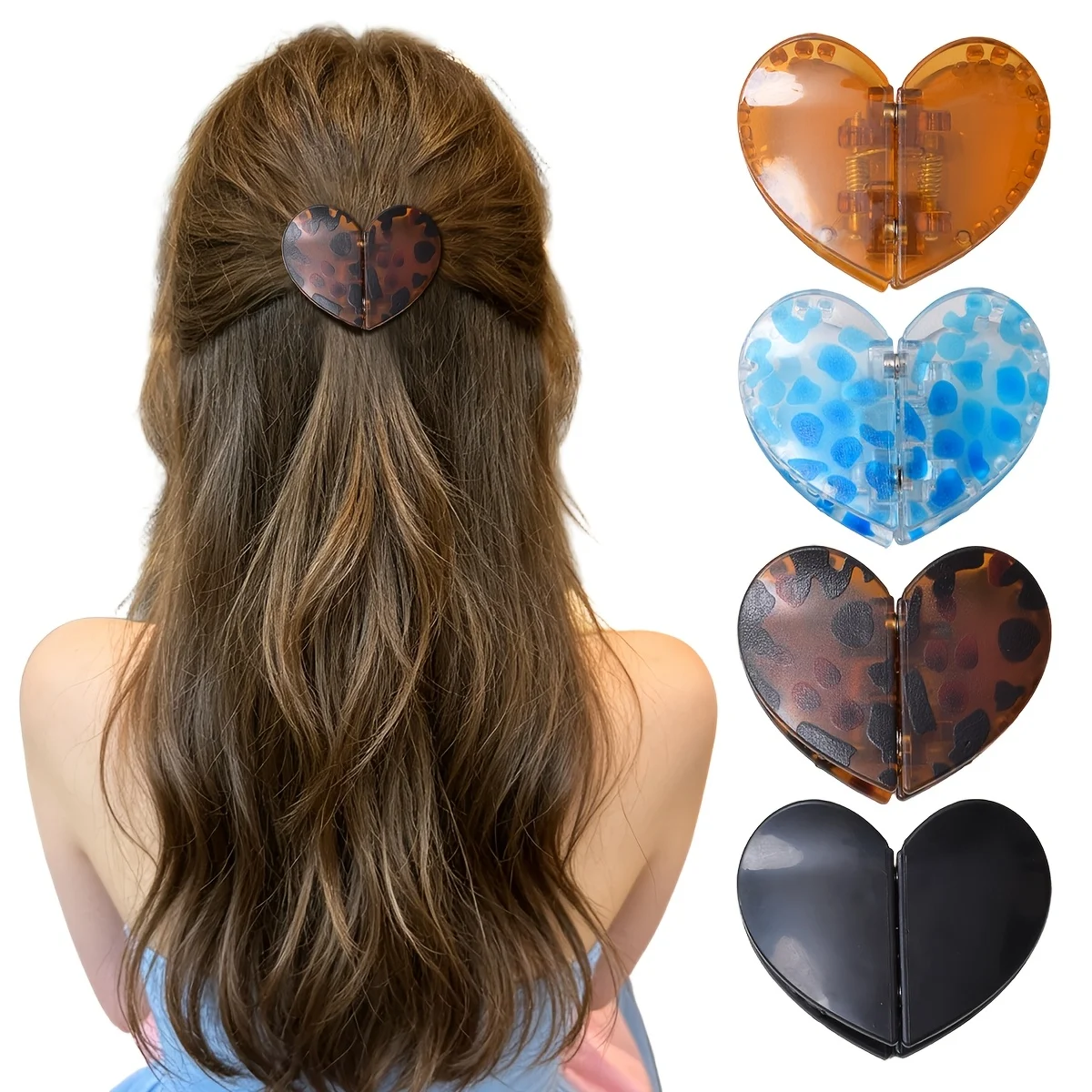 Leopard Print Heart Magnetic Hair Claw Clips - Detachable Vintage Style