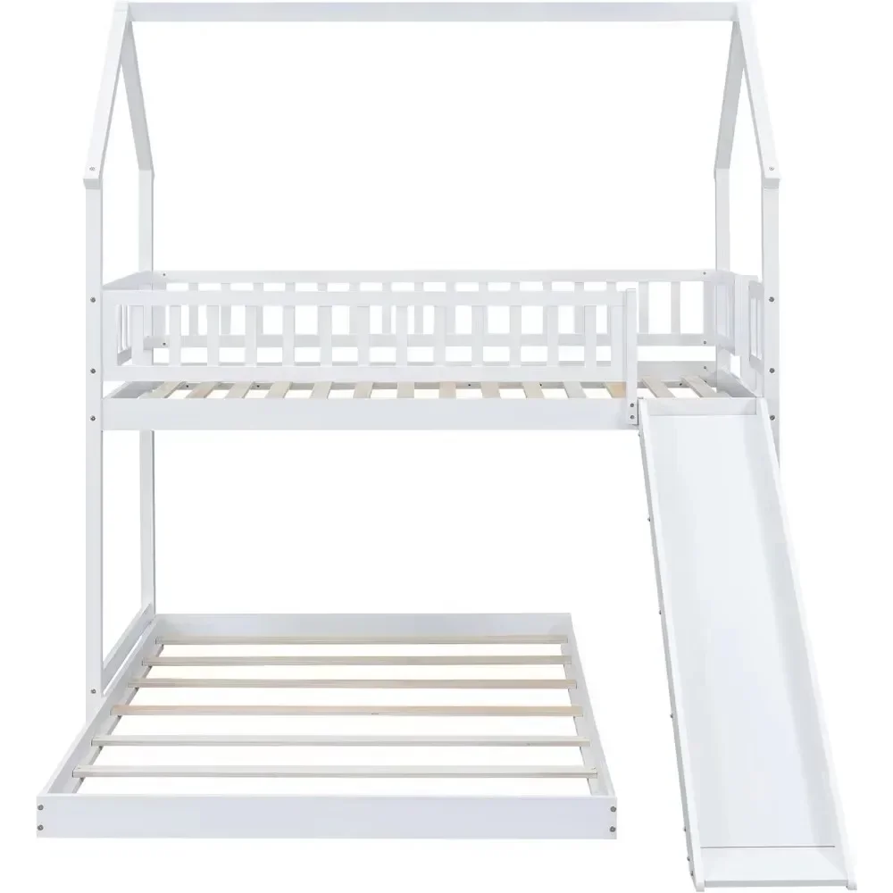 House Bunk Bed with Slide and Ladder and Twin Over Full Wooden Bed Frame with Full-Length Guardrail for Bedroom Boys Girls 5