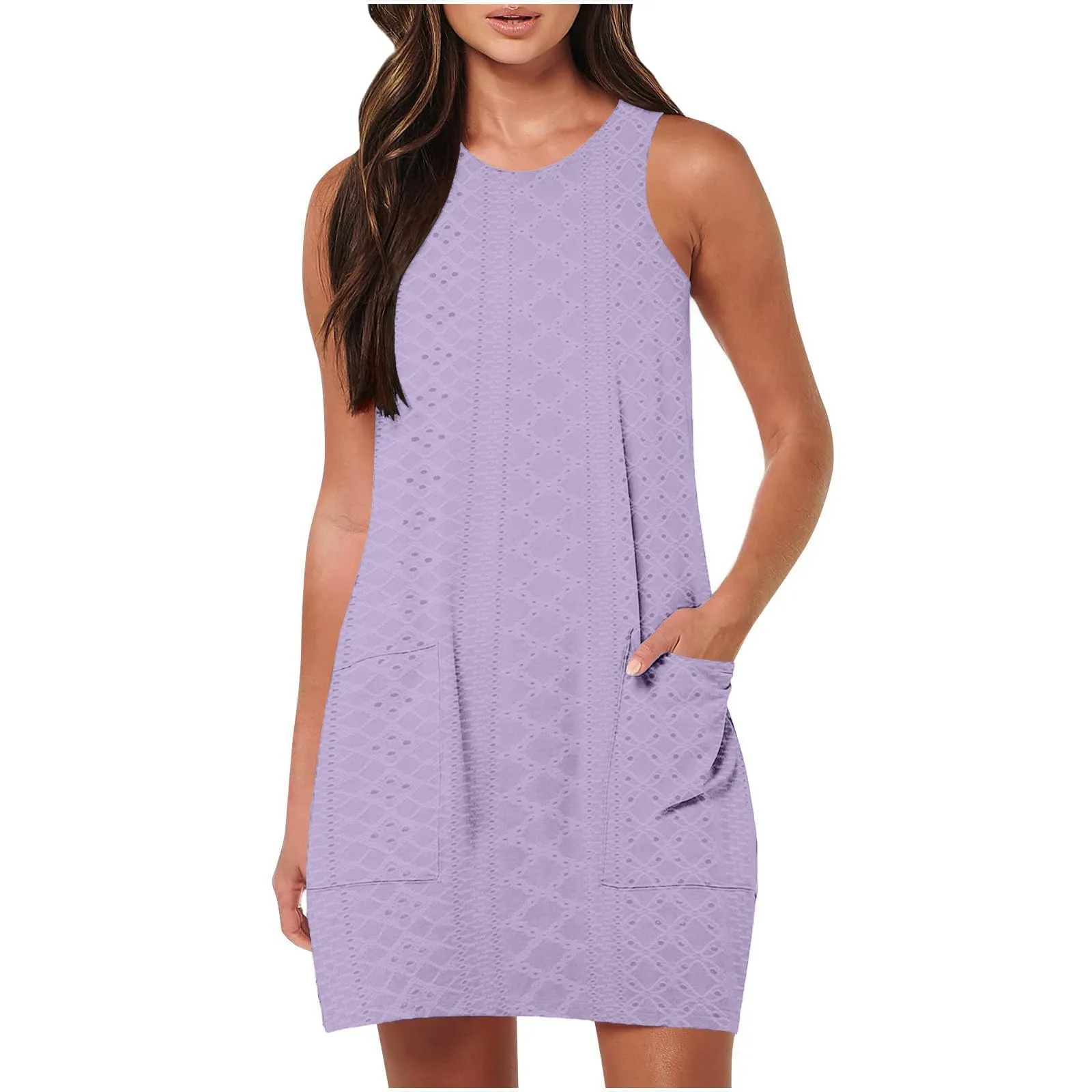 

Women's Casual Solid Vest Dress Summer Sleeveless Round Neck Beach Tank Dress Female Pockets Pleated Dresses Holiday Vestidos