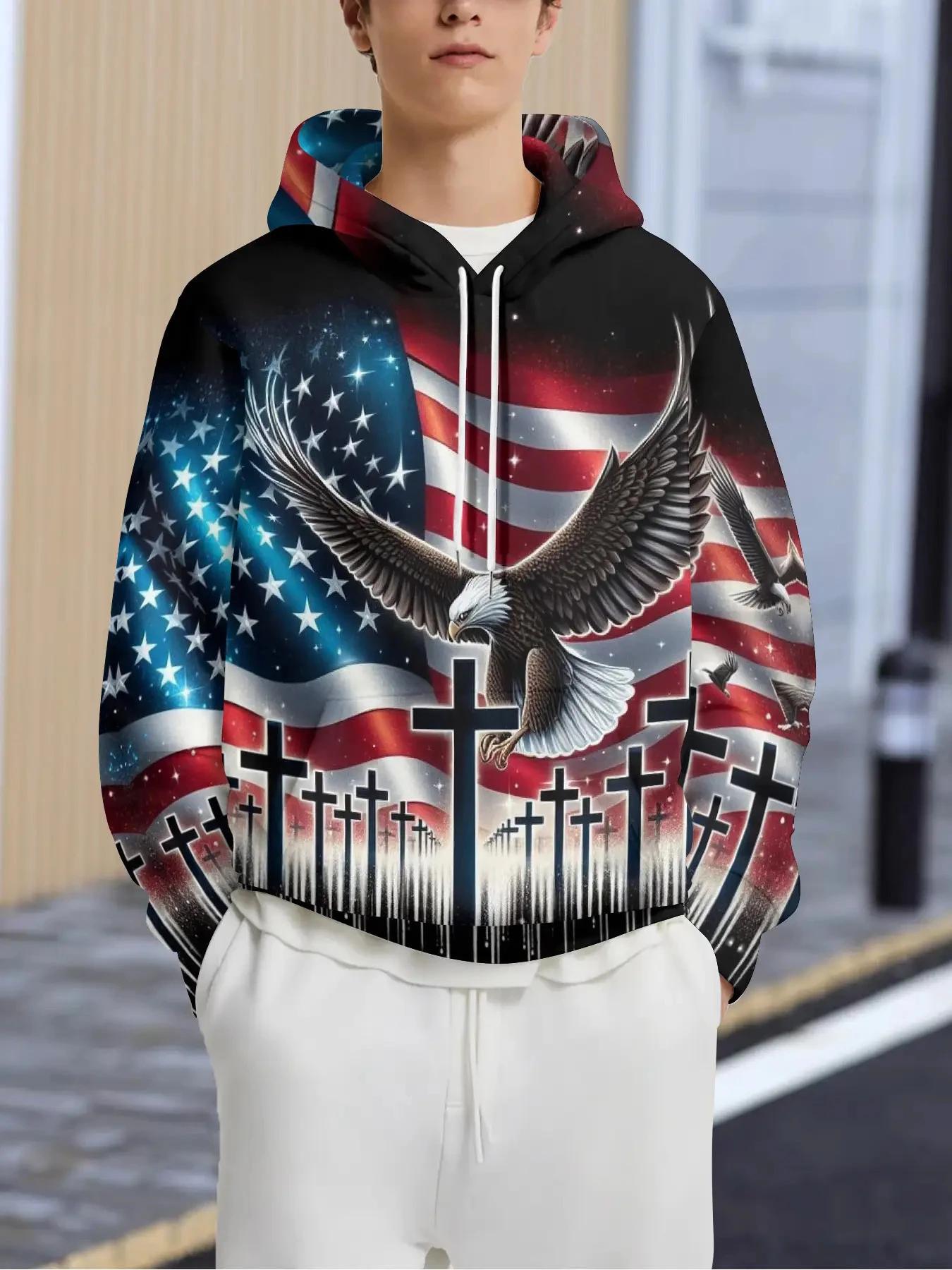 2025 موضة كول النسر الرجال هوديي ثلاثية الأبعاد أغطية رأس مطبوعة طبعة الاتجاه النسر الأمريكي الرجال ملابس رياضية الاطفال عادية للجنسين البلوز