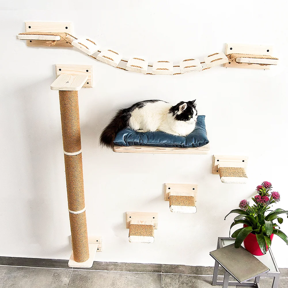 Katzen-Wand-Hängematte Mit Spielball – Wandbrücke, Kletterleiter, 73,7 Cm, Aus Kiefernholz, Einfach Zu Montieren
