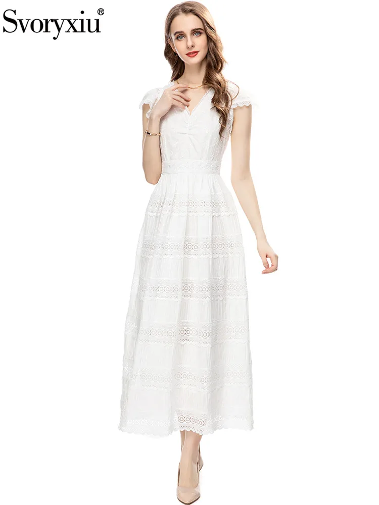 

Svoryxiu Summer Fashion Designer Women White Color Ankle-Length Dress Solid Color High Waist Slim Embroidery A-Line Dresses