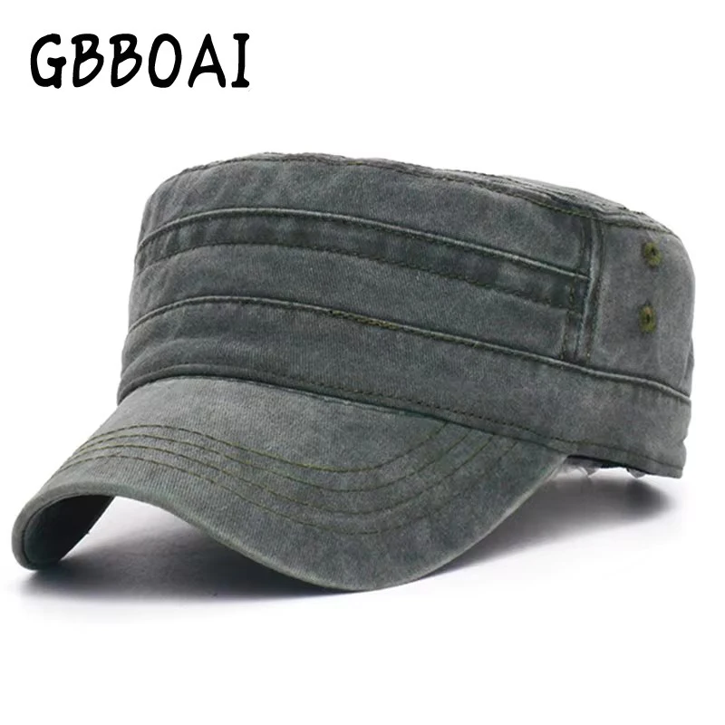New Denim Flat Top Cap Women Men Snapback Caps Vintage Hat Cadet Military Patrol Cap Unisex Baseball Hats