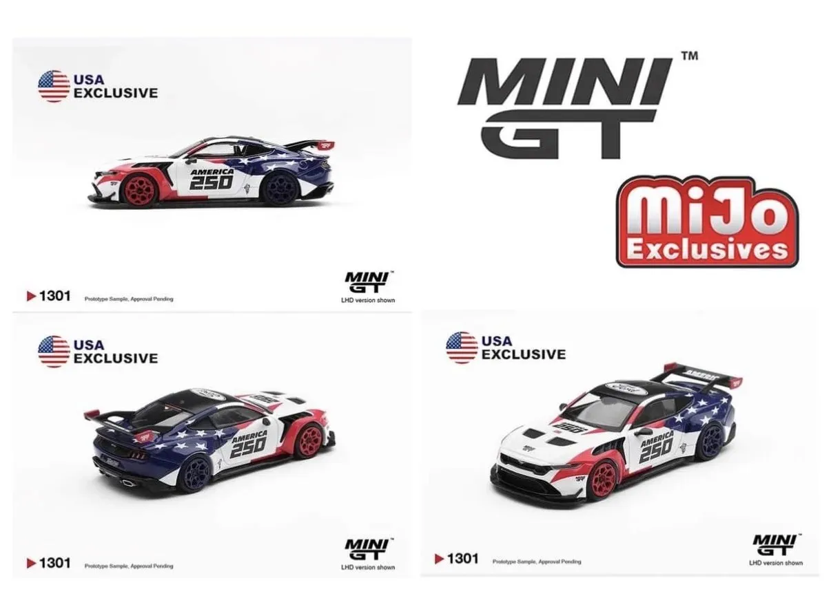 새로운 프리세일 미니GT 1:64 250주년 기념 미국 250 합금 다이캐스트 모델 포드 머스탱 GTD 쉐보레 콜벳 ZR1 자동차 장난감