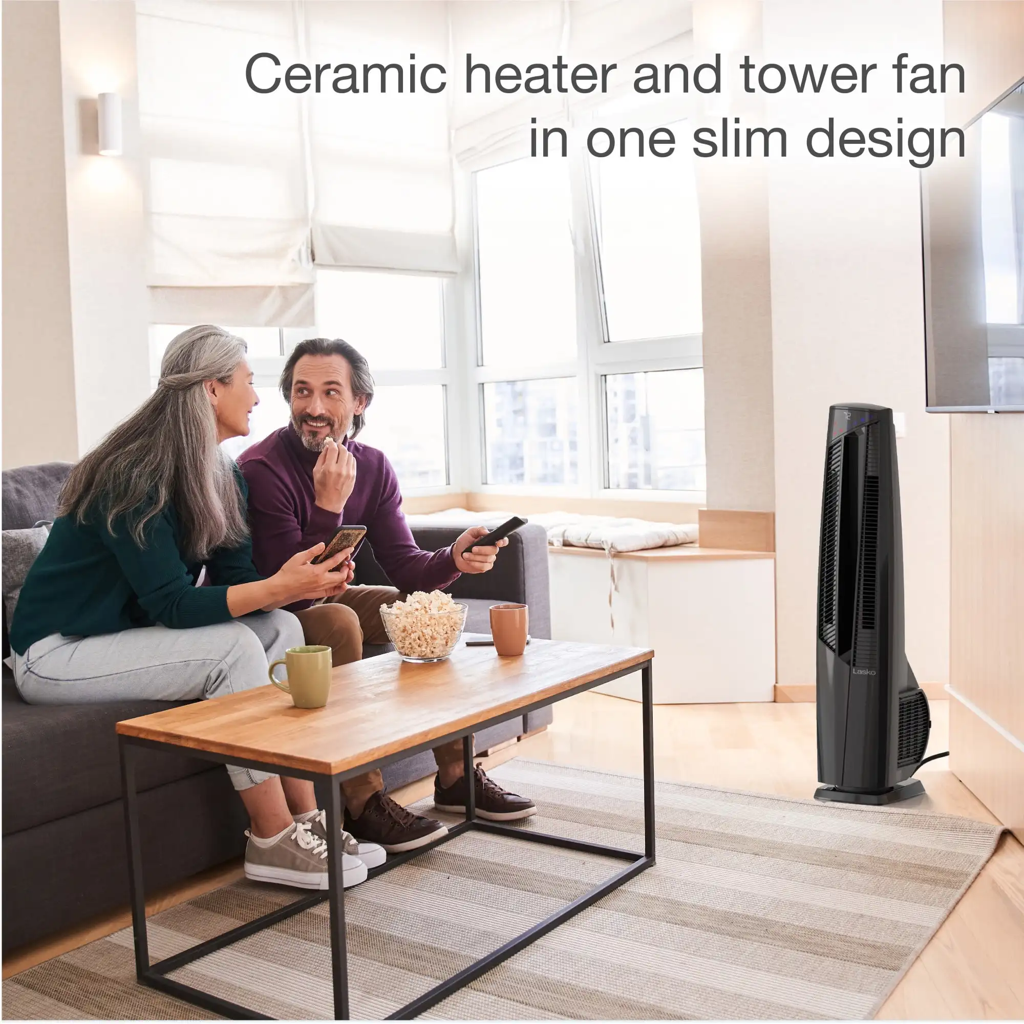 37.5" Duo Comfort High Velocity Fan and Ceramic Space Heater with Remote, Black, FHV801, New 4