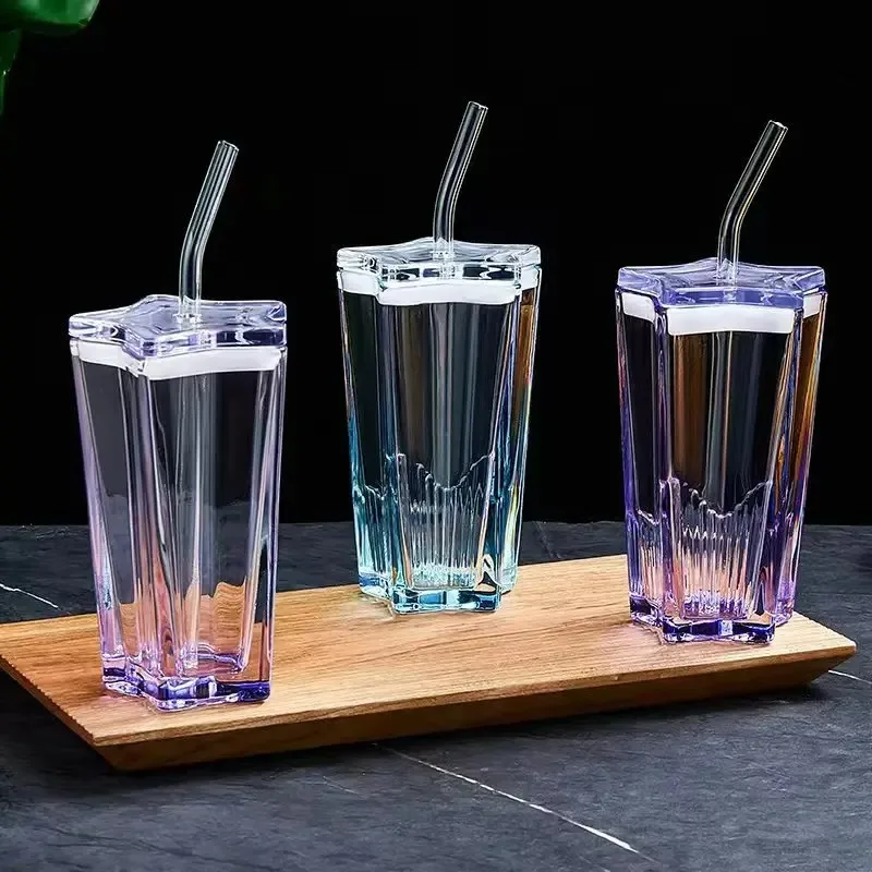 Straw Tumbler Glass 300ml Star Drinking Cups with Straw Pentagonal Coffee Milk Juice Glass Plastic Lid Leakproof