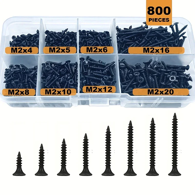 Description Picture 2 of item800pcs M2 Self Tapping Screw Black Flat Countersunk Head Wood Screw Carbon Steel For Home Improvement DIY