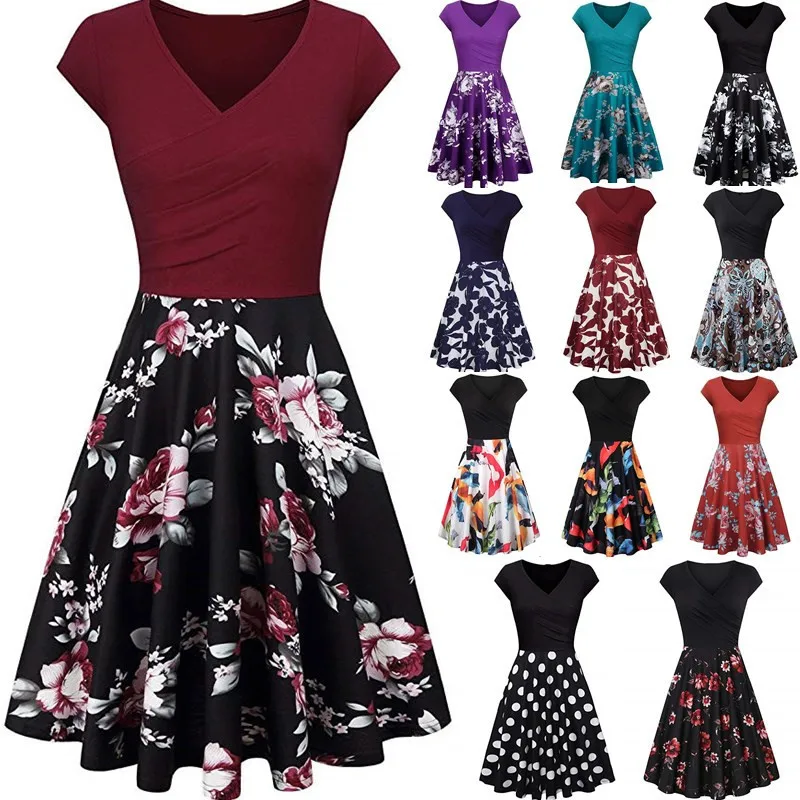 

Women Short Sleeve Dress V-Neck Colorful Floral Printing Big Hem Slim Wrinkle Spring Summer Ladies Casual Wear Female Clothes
