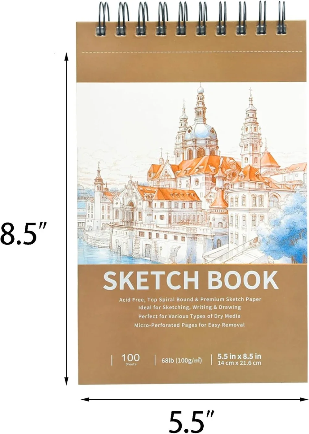 5.5" x 8.5" Sketchbook, Top Spiral Bound Sketchbook, 100 sheets of 68lb/100gsm drawing paper each, 2 packs 4