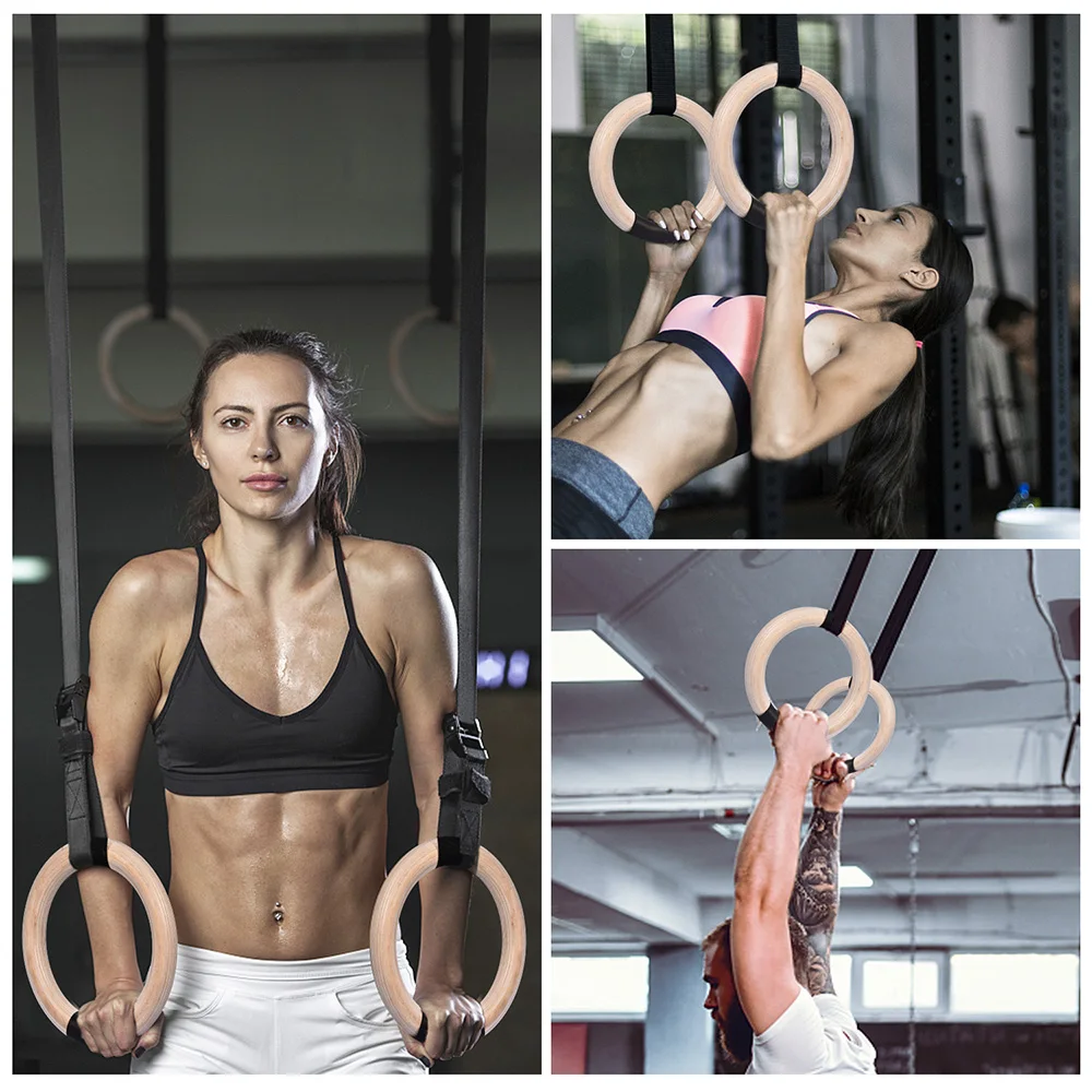 Wood Gymnastics Rings with Adjustable Straps 4Pcs Non-Slip Hand Tapes Exercise Training for Home Gym Full Body Strength