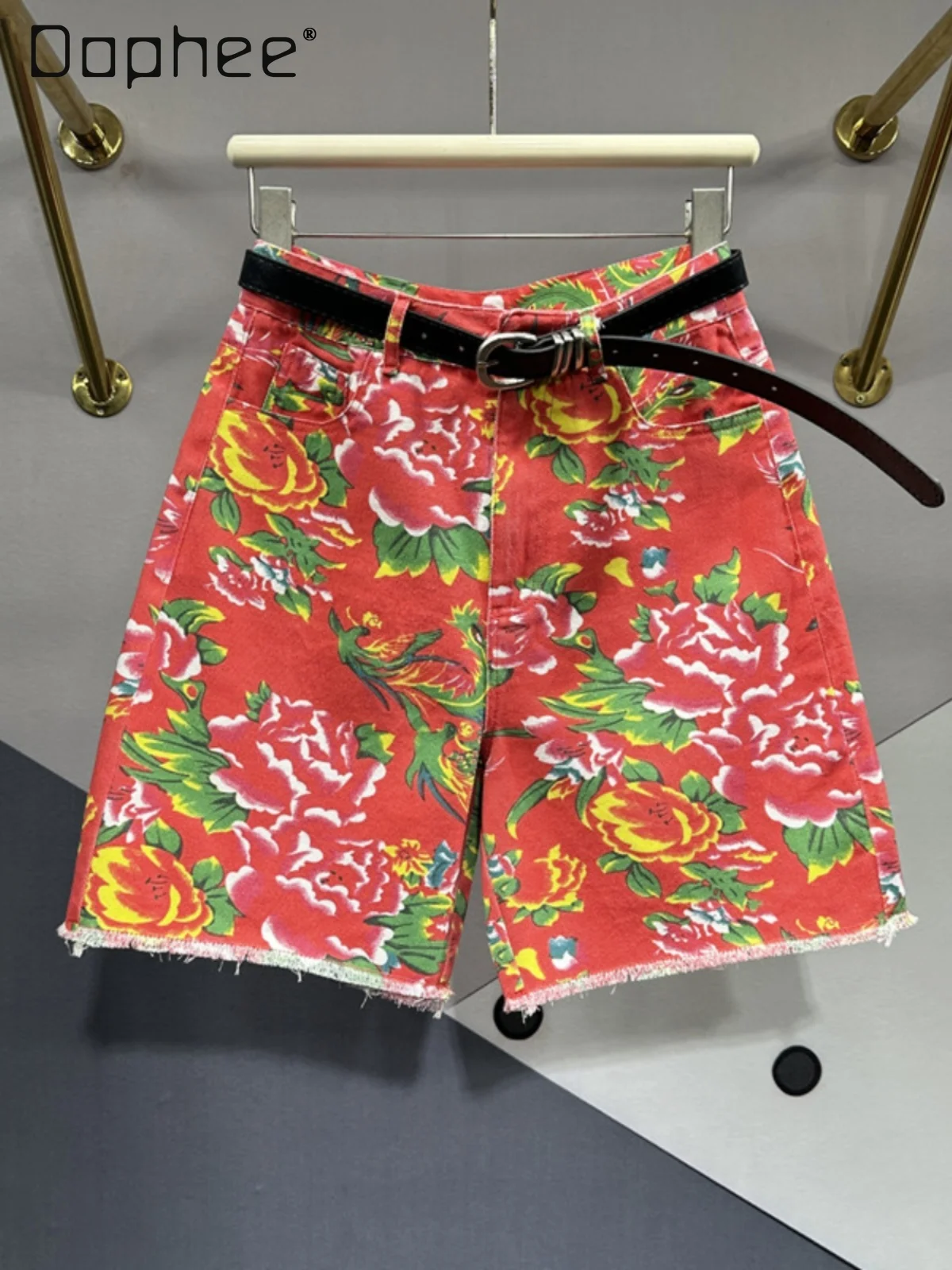 Vintage Big Flowers Denim Half Pants Female 2024 Spring New Loose All-Match Slim Wide Leg High Waist Straight Jean Middle Pants